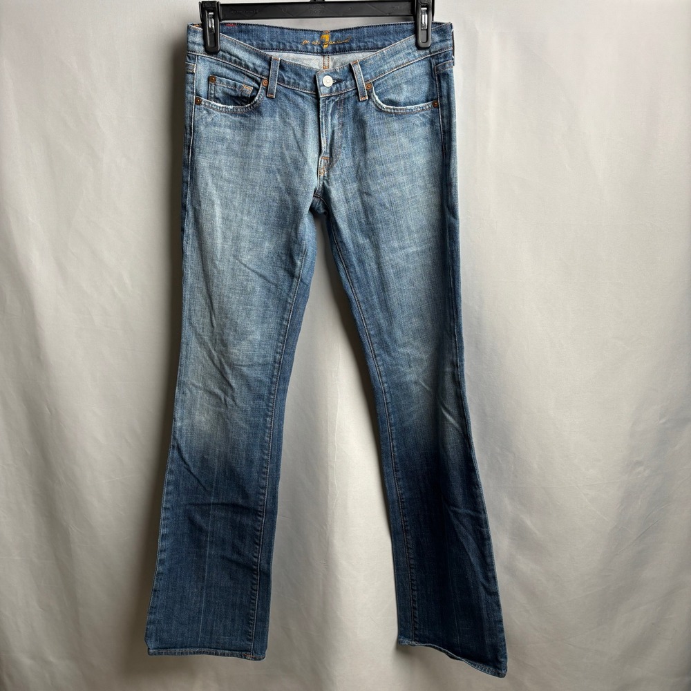 VTG 7 For All Mankind Womens 28 Blue Flare Bootcut Jeans Low Rise USA Distressed